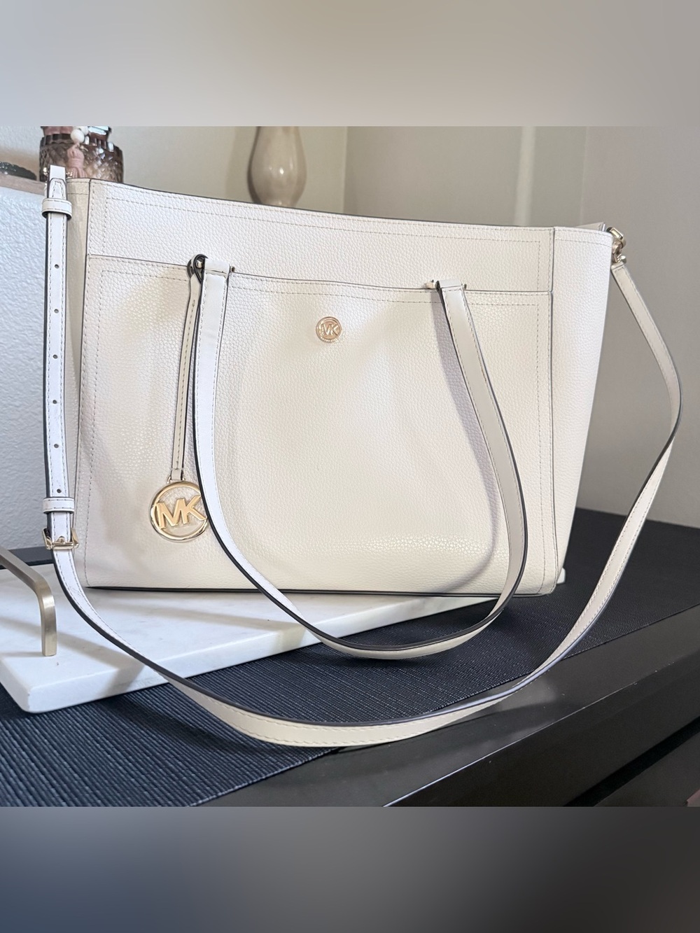Michael Kors Ivory Pebbled Leather Shoulder and Crossbody Tote